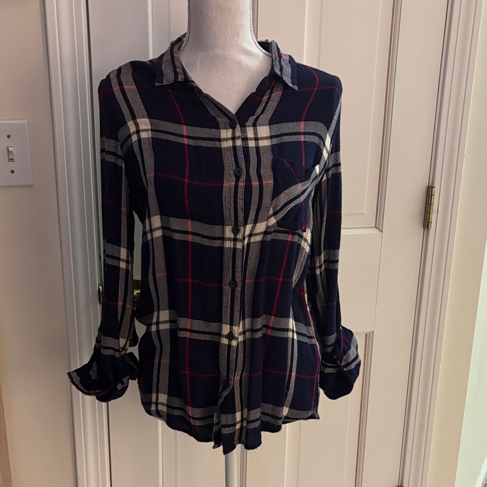 Thread & Supply Navy and Red Plaid Flannel Button-Down Shirt